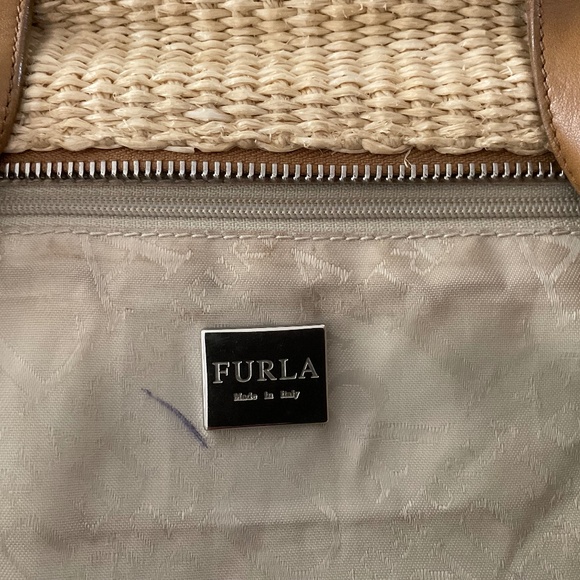 Authentic FURLA - Cream Straw Brown Leather Handbag - Picture 5 of 15
